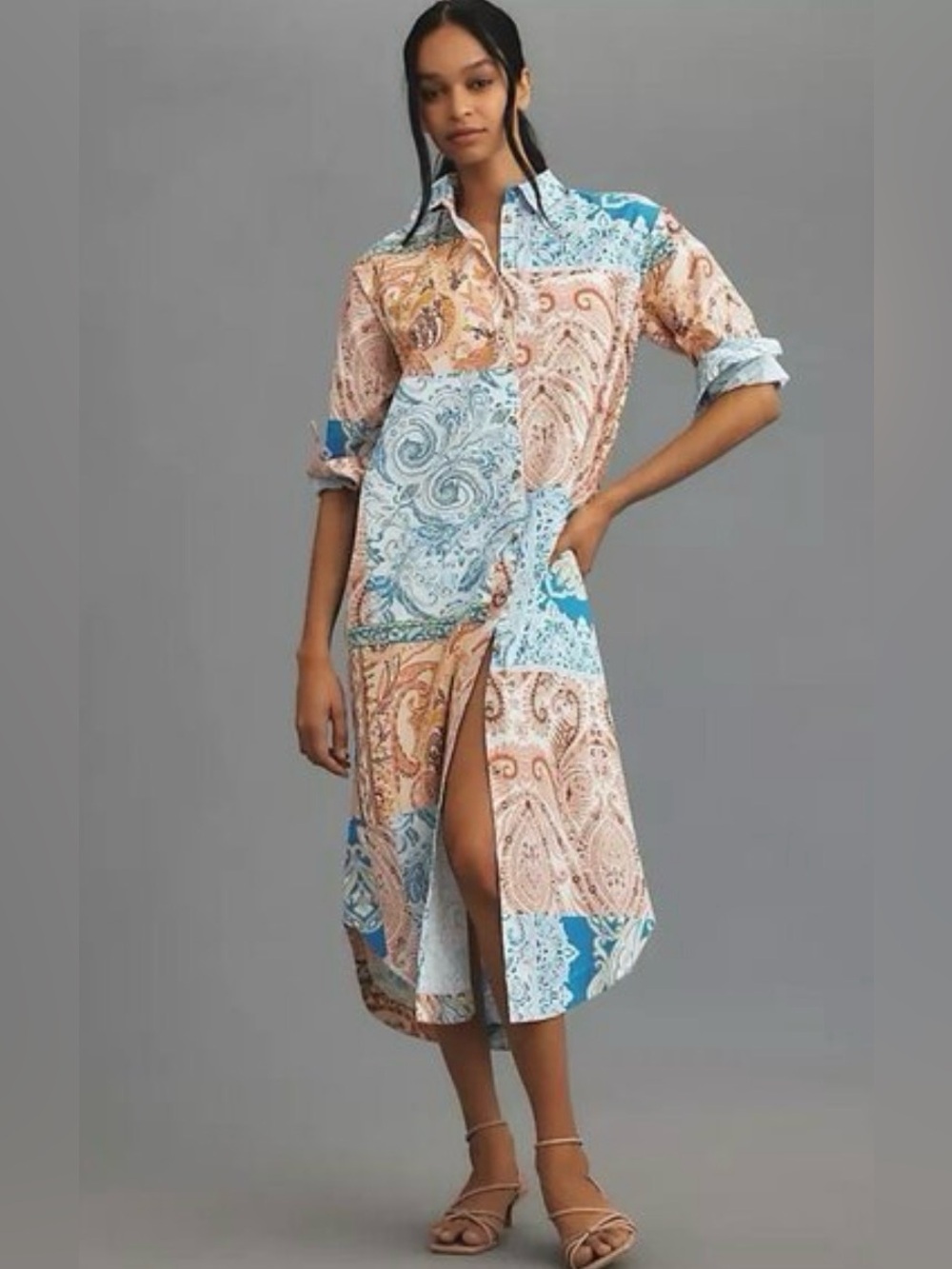 MAEVE Anthropologie The Soren Midi Shirt Dress Pink Paisley Patchwork Women's XS